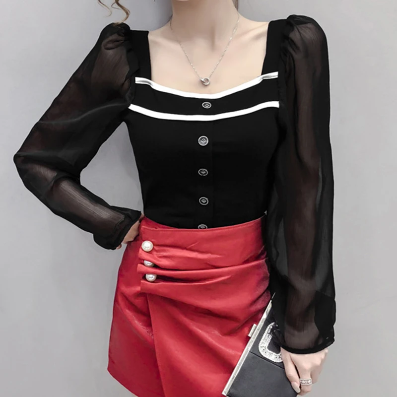 

new arrival fashion blouse women OL temperament casual street vintage perspective puff sleeve square collar chiffon loose shirts