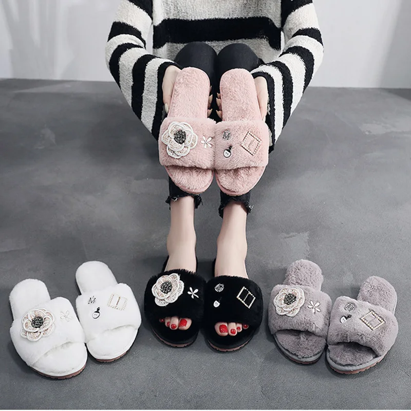 С цветочной аппликацией на меху Дамские тапочки домашние шлепанцы нескользящей
