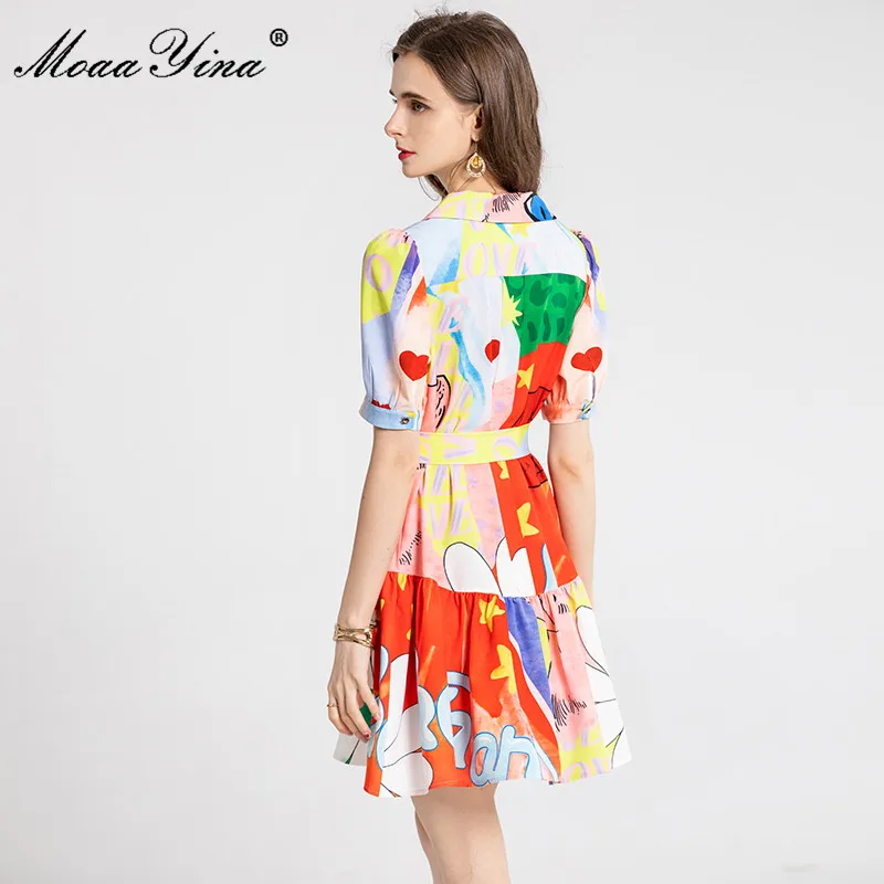 

MoaaYina Fashion Designer Summer Short Dress Holiday Women's Turn-down Collar Short sleeve Printed Vintage Shirts Mini Dress