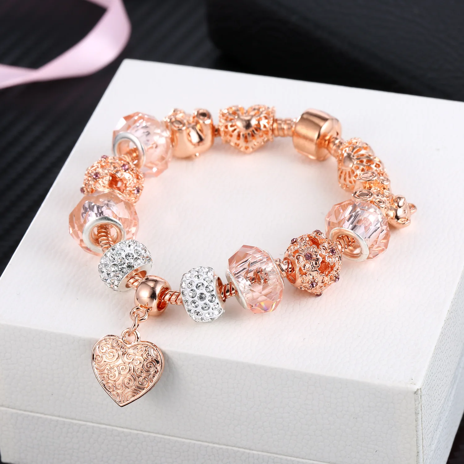 

LoveRight Rose Gold Crystal Pan-Style Bracelets For Women Charms Ladies Girls Hand Chain Glass Beads For Jewelry Making 2021