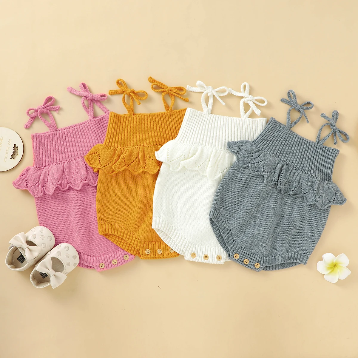 

pudcoco Baby Girl Sleeveless Jumpsuit with Buttons Toddler Solid Color Knitted Tops with Ruffle Casual Clothing for Summer 0-18M