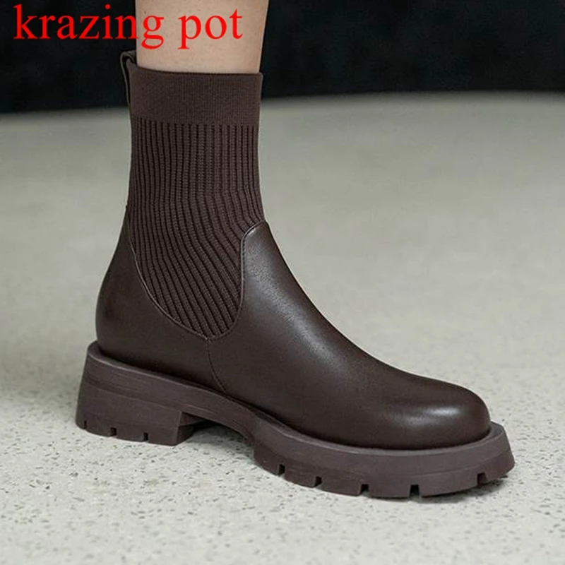 

krazing pot natural cow leather med heels modern boots solid runway catwalk beauty platform slip on knitting ankle boots l5f8