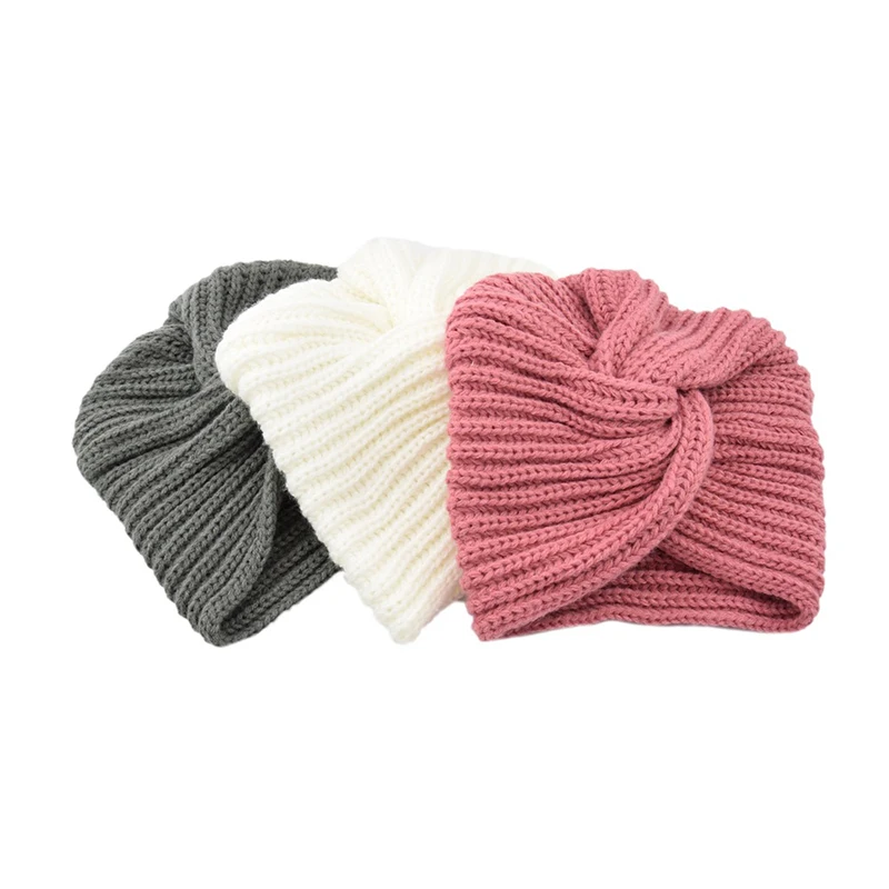 

New Boho Style Women Knot Bandanas Fashion Knitting Warm Muslim Scarf Autumn Winter Turban Cap Solid Color Cross Headscarf Hot