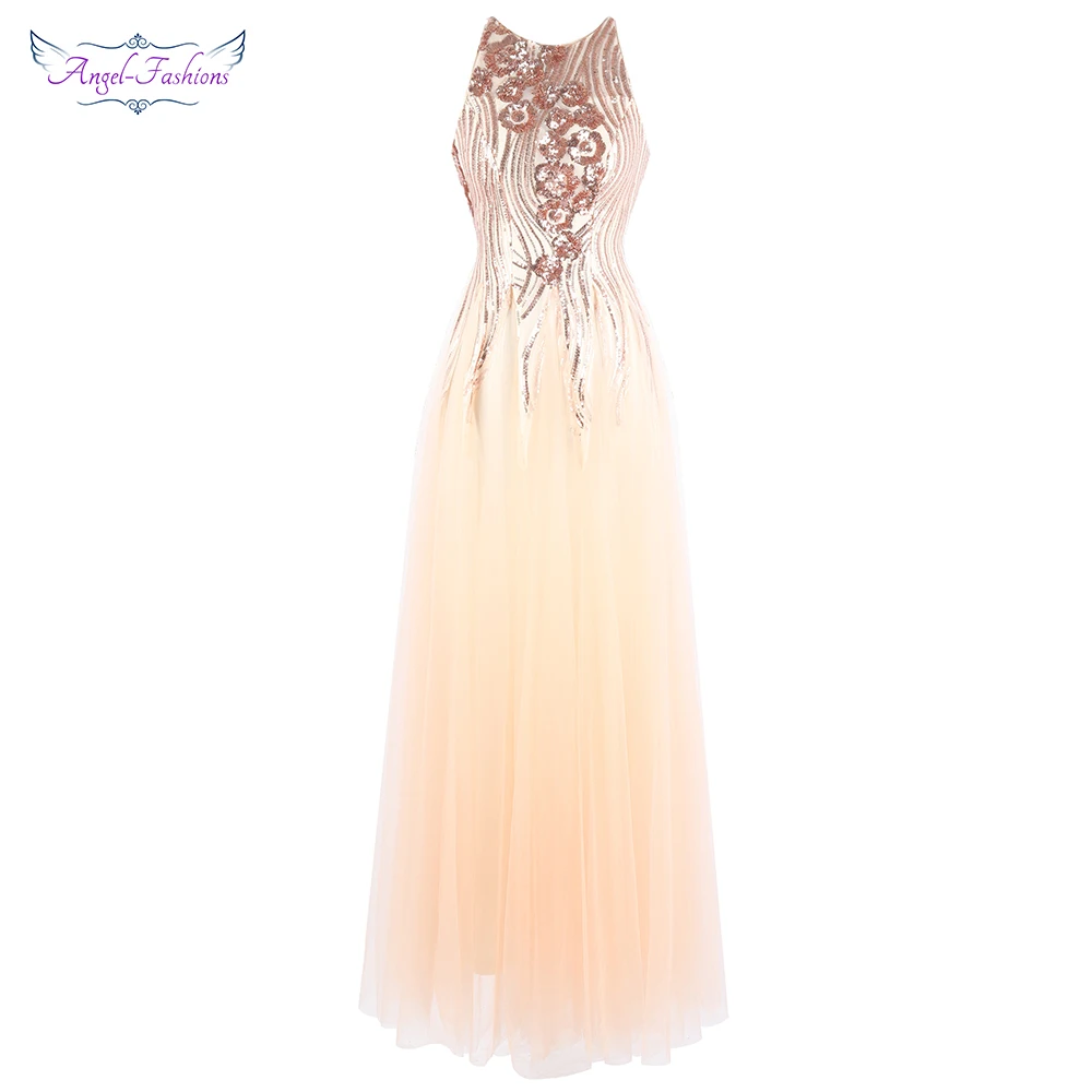 

Angel-fashions Luxury Sequin Prom Dress Illusion Ball Gown Lace up Gatsby Vintage Formal Dress 437