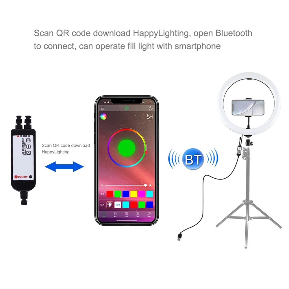 

Светодиодный шатер RGB Bluetooth умный многоцветный кольцевой светильник для фотосъемки живой заполнясветильник с пультом дистанционного управ...