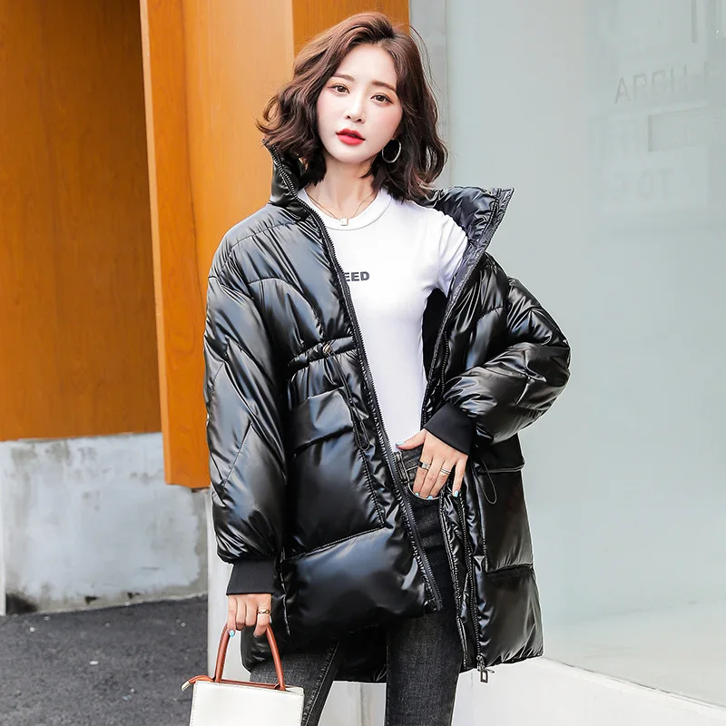 Shiny Winter Jackets For Women 2022 New Korean Fashion Parkas Mid-Length Cotton Coat Stand-up Collar Loose Bread Jacket Trend