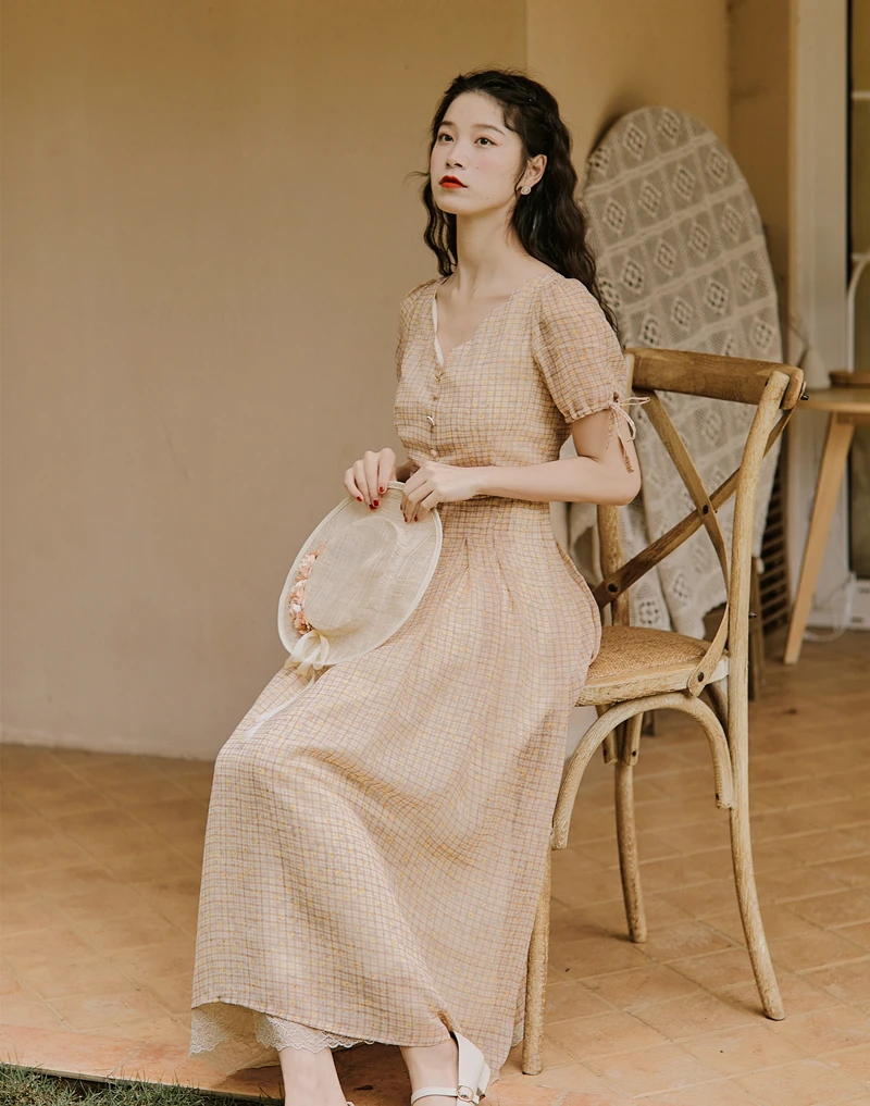 

2020 new fashion women's clothing V-Neck Plaid Vintage dresses