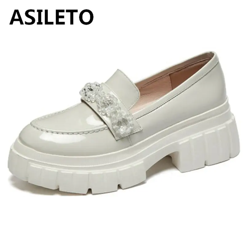 

ASILETO 2021 Lace Up Platforms Fashion Women Genuine Leather Crystal Slip On Ladies Pumps Square Toe 6.5cm High Heel Shoes