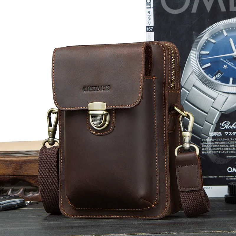 

Genuine Leather Men Waist Bag For CellPhone Vintage Travel Male Pack Metal Buckle Shoulder Bag With Card Holder