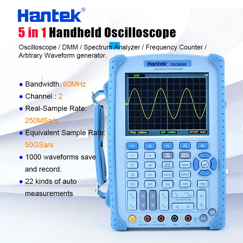 

Hantek портативный осциллограф 5 в 1 60 МГц DSO8060 DMM/анализатор спектра/счетчик частоты/произвольный генератор сигналов