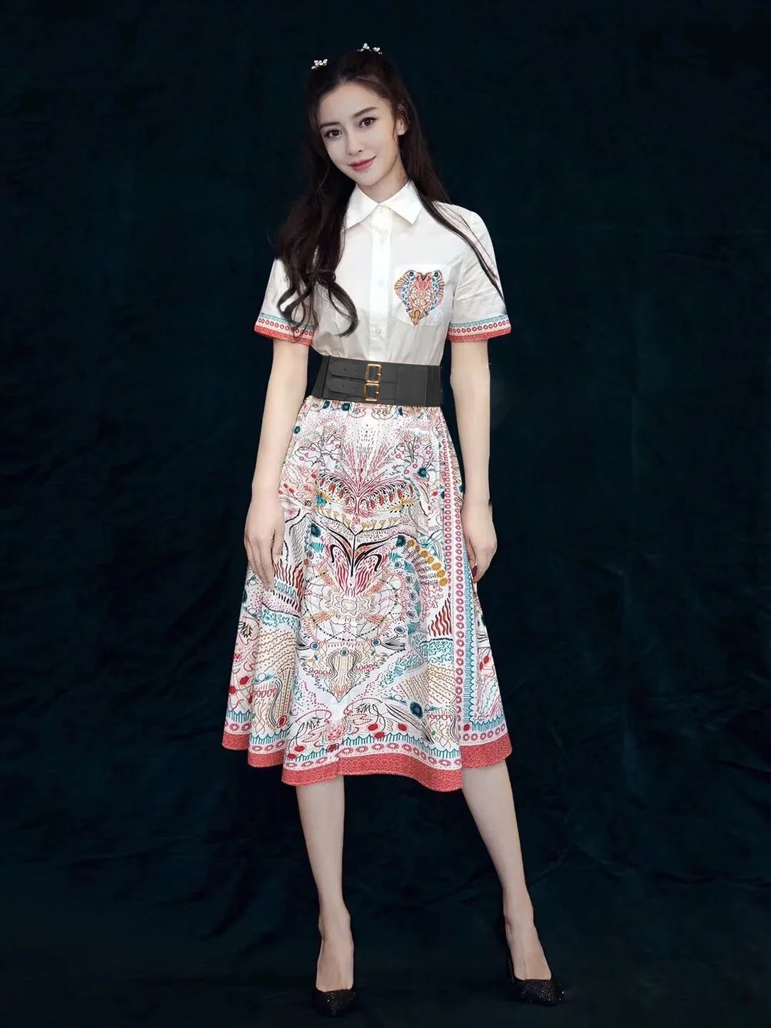 

Women Skirt Suit Star Brand 2021 Summer Female White Blouse+Royal Print Skirt Set Belt New