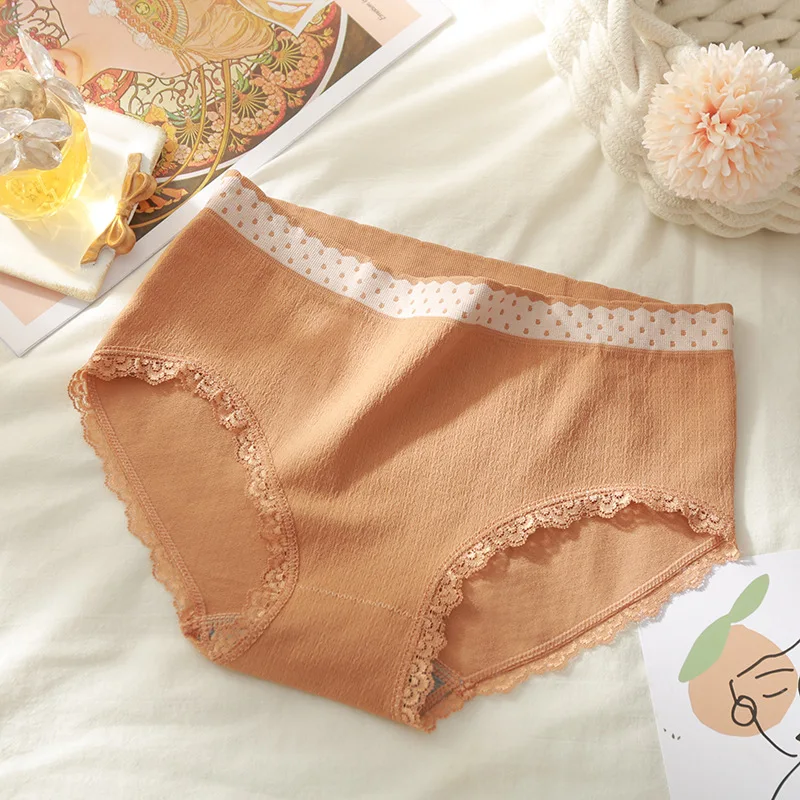 

Women's panties pure color seamless graphene breathable sexy mid-waist lace trim Women's underwear cotton fresh girly briefs