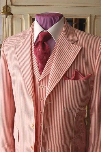 Pinstripe Cotton Seersucker Tuxedo Designs Prom Suits Groom Wear Men Suit Jacket Wedding Suits Three Pieces (Jacket+Pants++Vest)