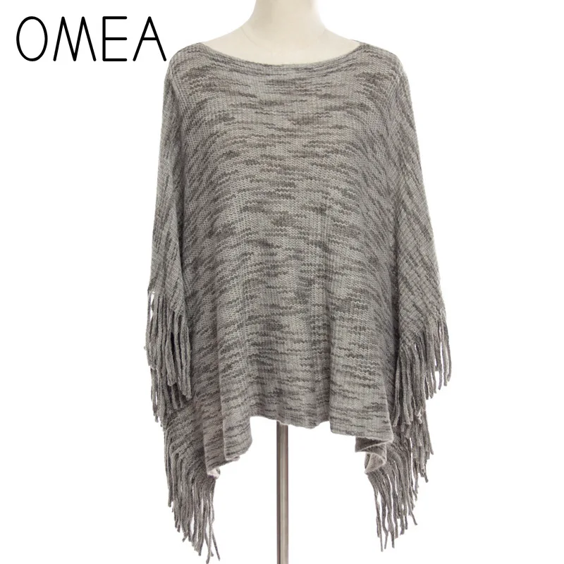 

OMEA Large Size Poncho for Women Winter Boat Neckline Cashmere Poncho with Tassel Pullover Striped Knitted Ponchos and Capes