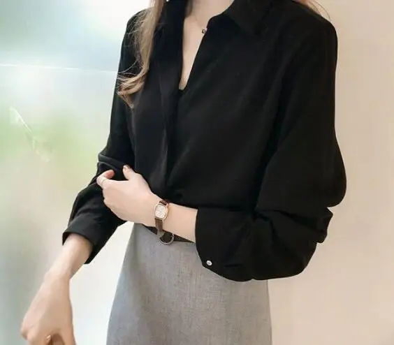 

Solid Color Long Sleeve Top Women Chiffon Commuter Shirt Puff Sleeve