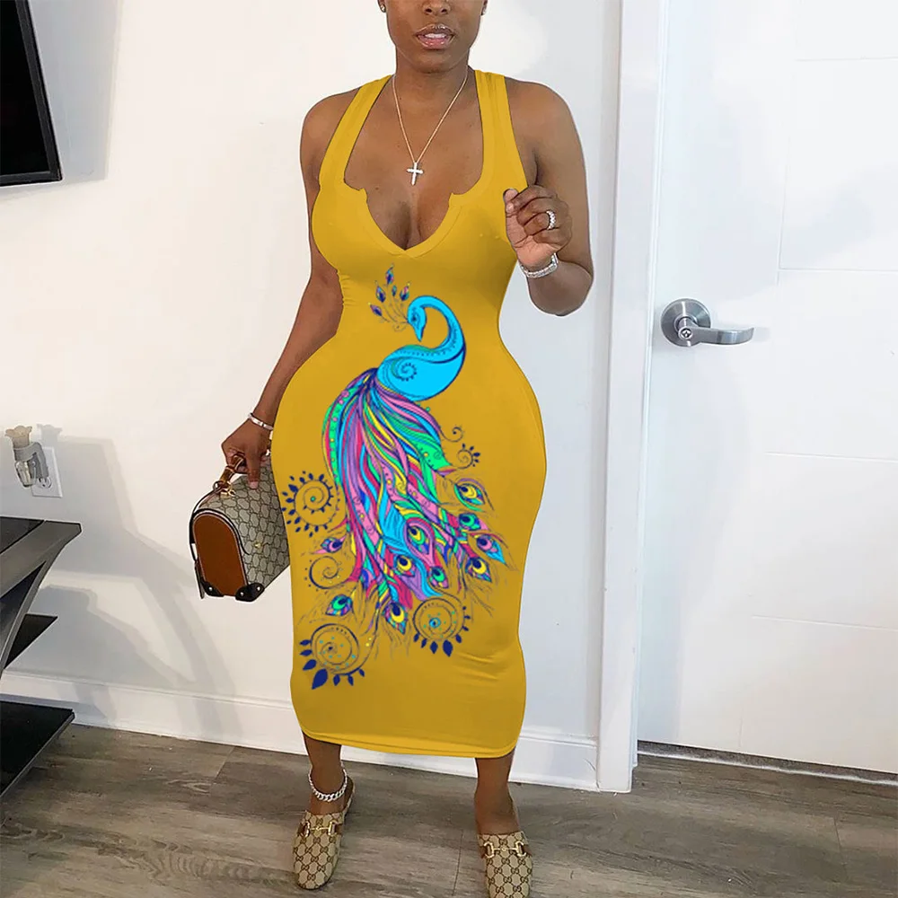 

Summer Sexy Women Long Dress Fashion Printed Peacock Pattern Midi Dress V Neck Sleeveless Tank Dresses Club Party Slim Suit Wear