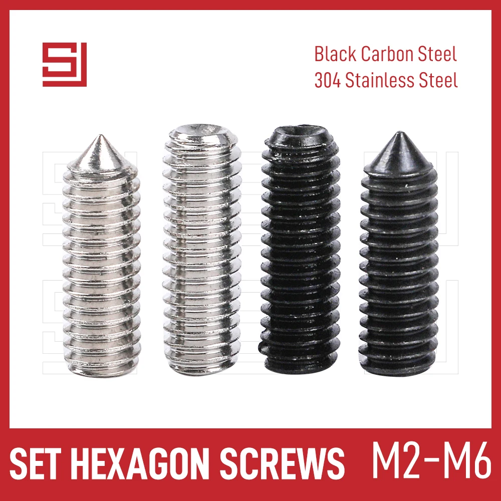 

SJ Machine Set Hexagon Socket Screws M2 M2.5 M3 M4 M5 M6 Allen Cup Cone Point Grub Screw Set Bolt Stainless Black Carbon Steel
