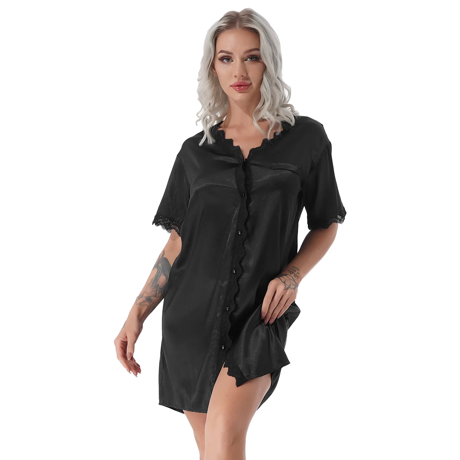 

Черное платье для сна, атласная пижама, Женская кружевная ночная рубашка с V-образным вырезом и пуговицами, ночная рубашка, домашняя одежда