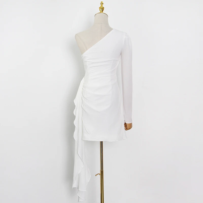 

Sexy White Dress For Women Diagonal Collar Long Sleeve One Off Shoulder High Waist Mini Dresses Female 2021 Fashion