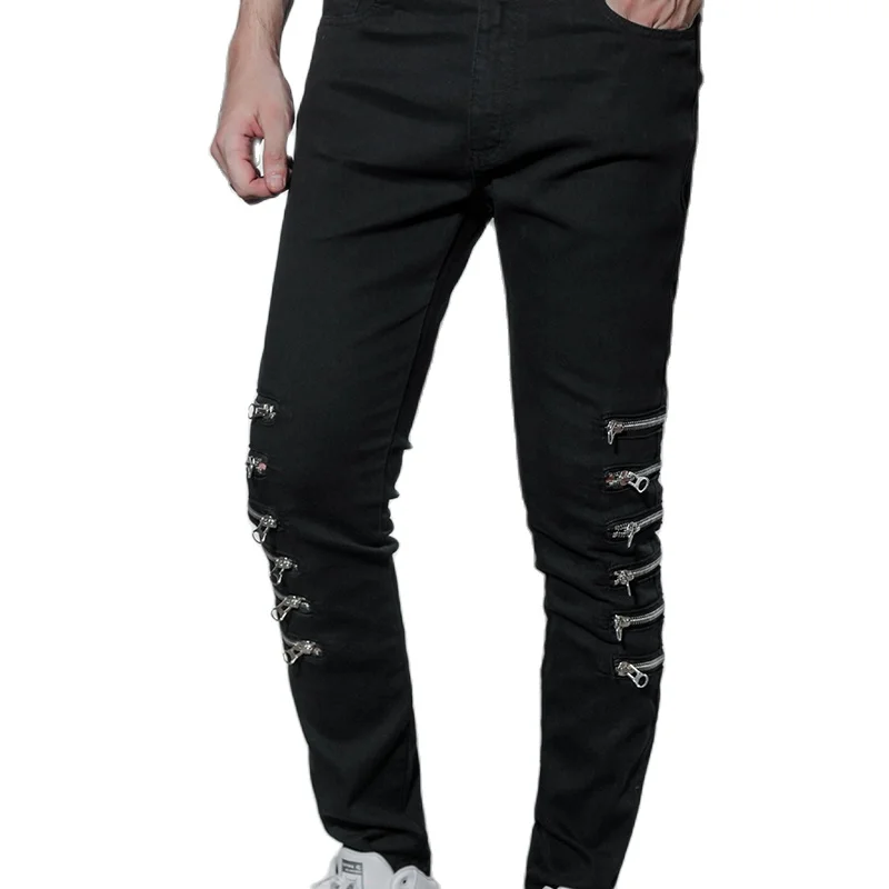 Men's jeans European and American casual pants men more zipper slim stretch jeans high street hip hop retro Internet trend