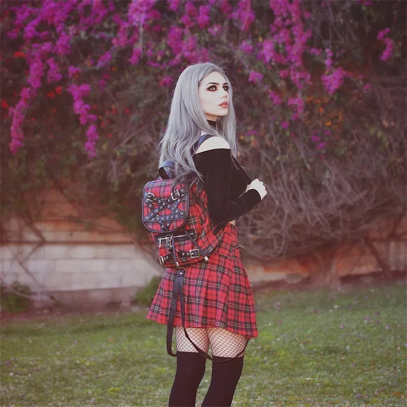 

Red Plaid Punk Woman Mini Skirts Gothic Harajuku Skirt Lady Zip Pocket Ullzang Empire A-line Hip-hop Buckle Street Casual skirt