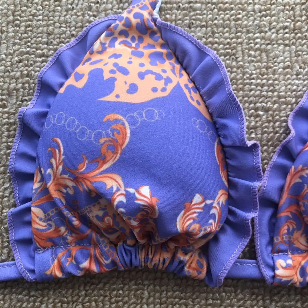 

Sexy Ruffle Bikini 2020 Women Front Tie Push Up Purple Swimsuit High Cut Floral Print Bathing Suit Thong Lace Up Bikini Biquini