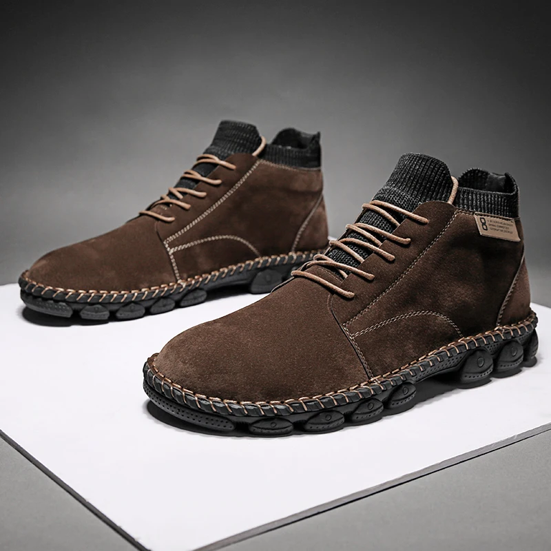 Мужские замшевые ботинки черные из коровьей замши Нескользящие до щиколотки