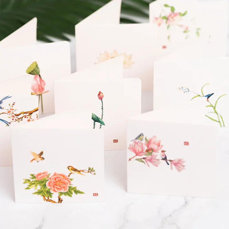 

10Pcs/Lot Flower Bird Pattern Chinese Element Message Card With Envelope Festival Universal Greeting Card Bouquet Blessing Card