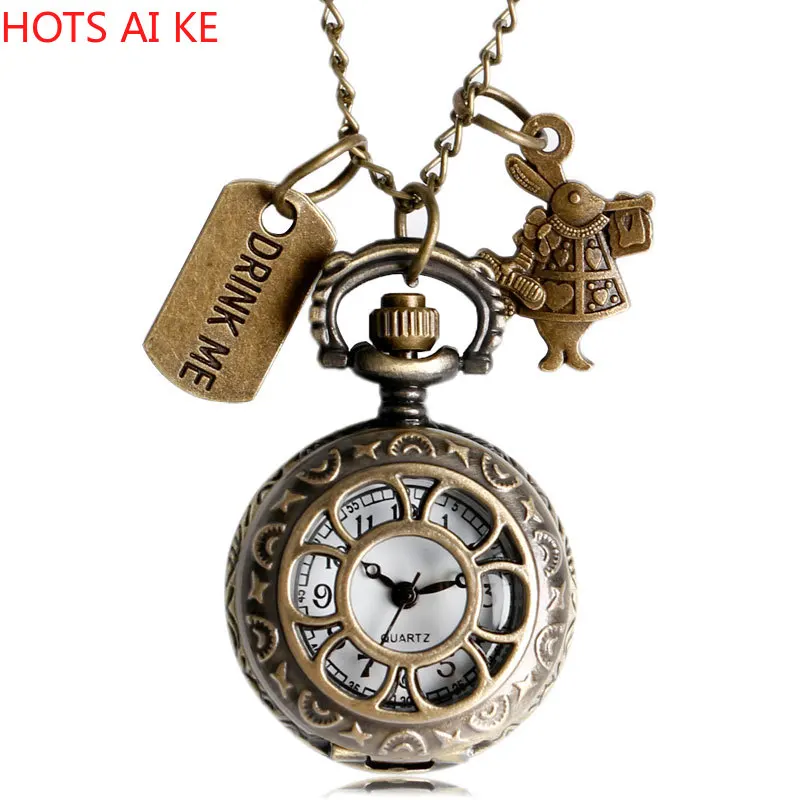 

Alice In Wonderland Pocket Watch Rabbit Flower Hollow Drink Me And Rabbit Quartz Watches Pendant Chain Clock Male