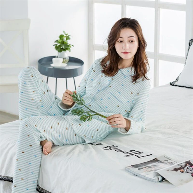 

Women's pajamas 100% cotton air cotton laminated pajamas set women's cotton long-sleeved thick loose home service bielizna nocna