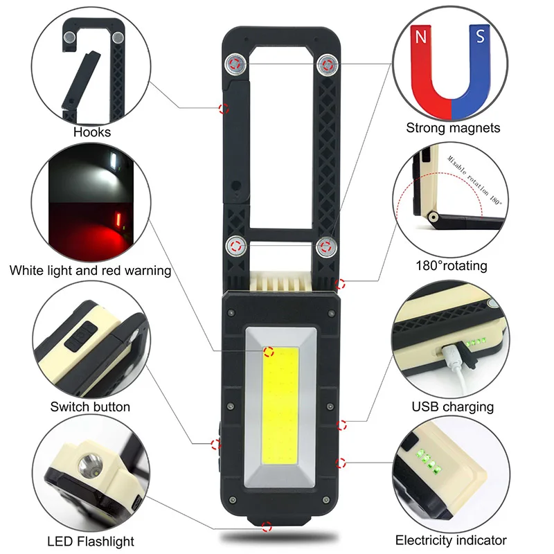 Светодиодная рабочая лампа COB + светодиодный USB Перезаряжаемый Магнитный фонарь