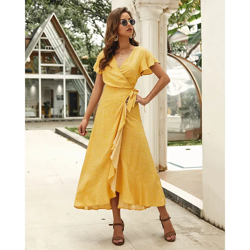 

Summer women's short-sleeved printed dress women's temperament V-neck mid-waist A-line skirt mid-length skirt woman dress derss