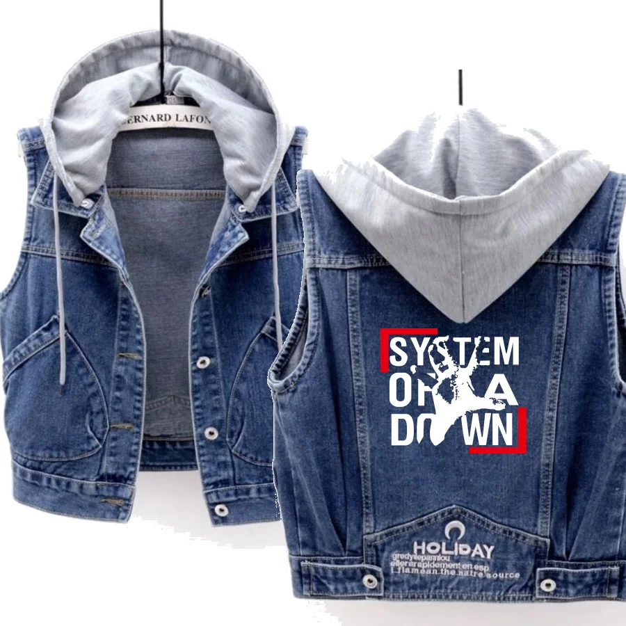 

Жилет женский оверсайз с надписью, джинсовая куртка со съемным капюшоном, с боковыми карманами, без рукавов, в стиле рок-группы, весна-лето