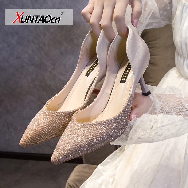 

Туфли женские свадебные на шпильке, элегантные туфли под платье, с блестками, заостренный носок, пикантные, для невесты, на высоком каблуке-ш...