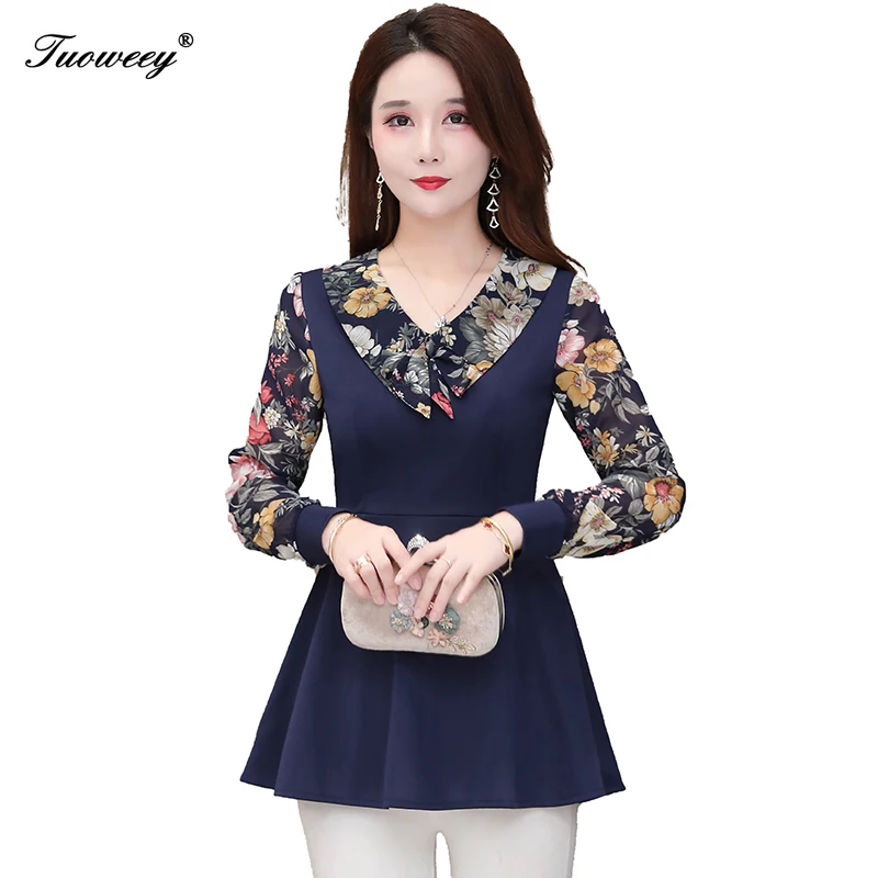 

Women V-neck Lace Hollow Out Blouse Patchwork Long Sleeve blue Office Ladies Blouses 2020 autumn Casual Female Tops