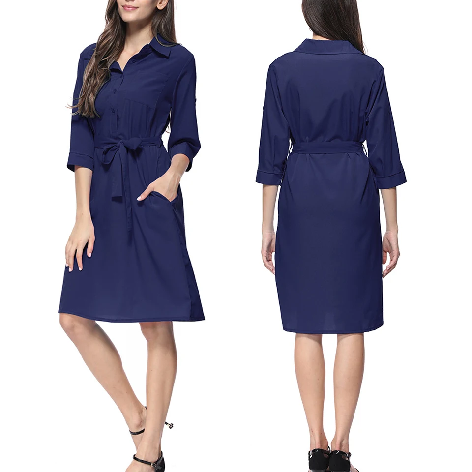 Бизнесс Для Женщина Работать Офисная Одежда Футболка Платье Отворот Отложной