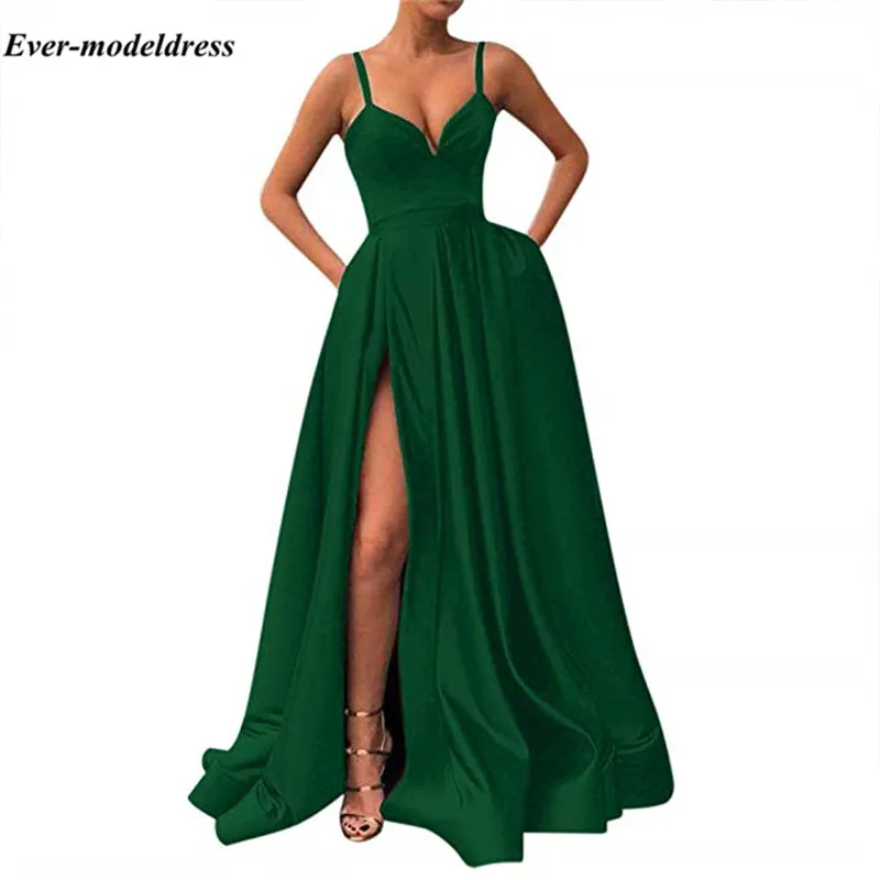 Vestidos De Gala королевские синие платья для выпускного вечера с высоким разрезом на тонких бретелях Простые Вечерние платья для выпускного вечера с карманами дешевые халаты - Цвет: Зеленый