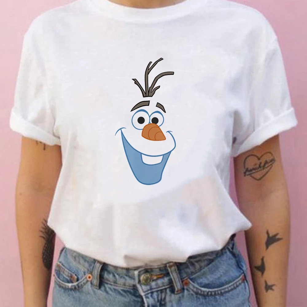 Harajuku T-shirt Disney Frozen Olaf Big Face Cartoon T Shirt Women White Graphic Tee Tops Short Sleeved Fashion Unisex Tshirt