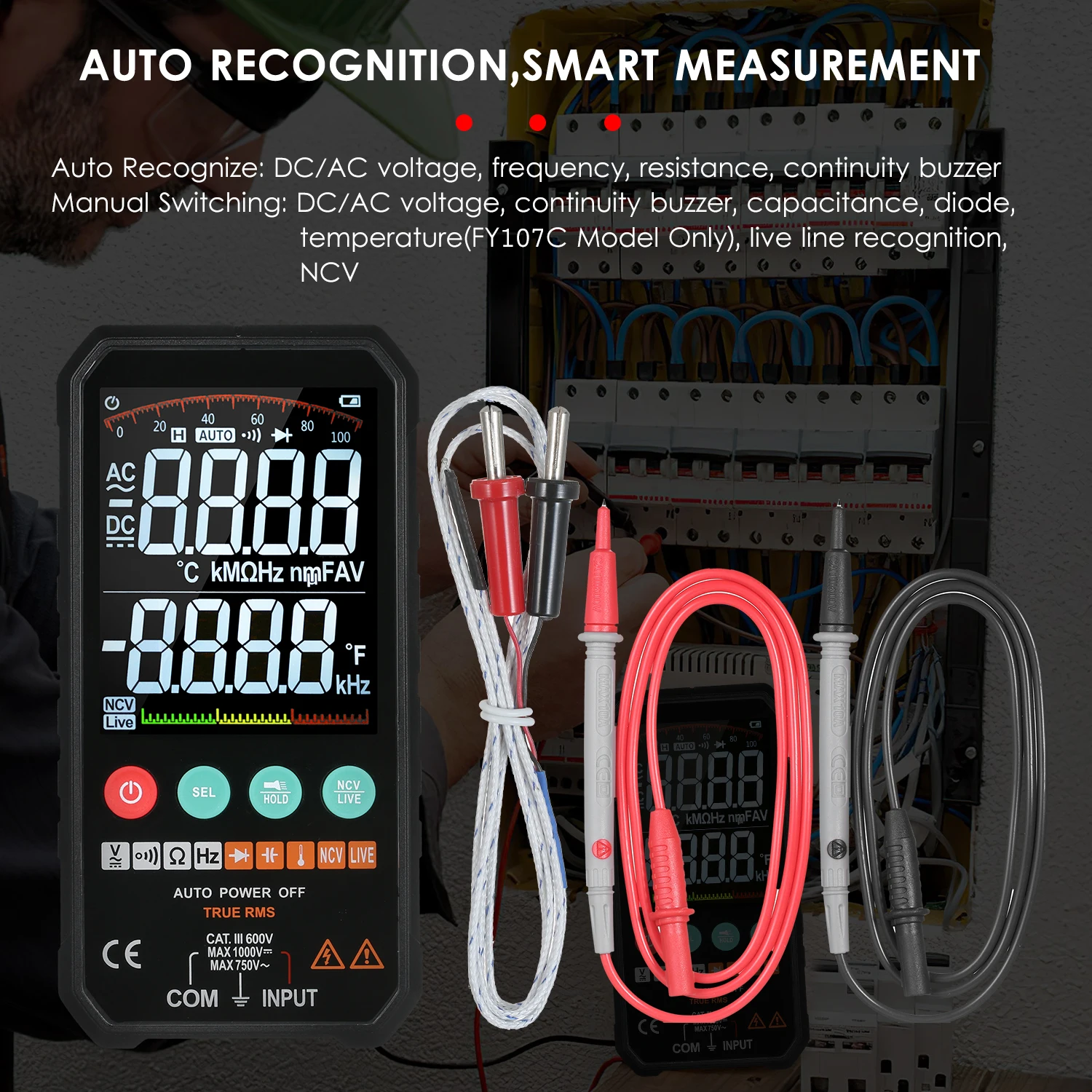 

FY107B/FY107C Digital Multimeter 6000 Counts Professional Multimeter AC/DC Voltage Resistance Capacitance Frequency Tester