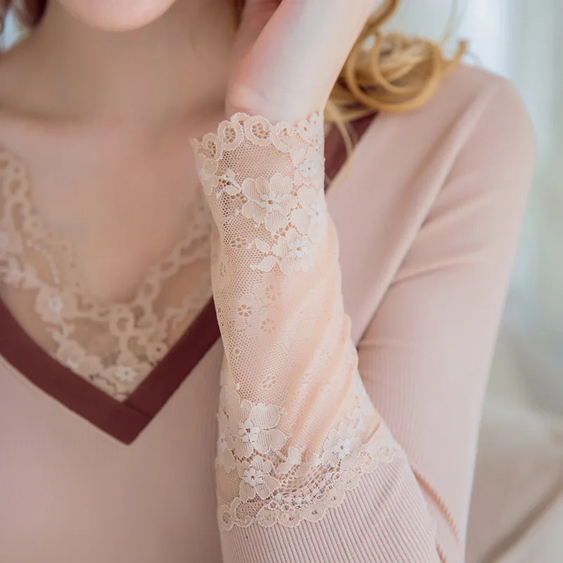 

2021 Elegant Lace Patchwork Striped Women's Thermal Underwear Winter Warm Long Johns Female Second Skin Pajamas Two-piece Set