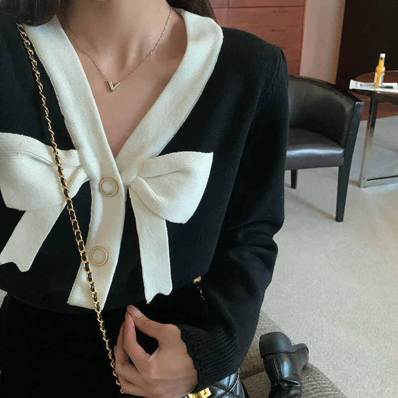 Женский однобортный Кардиган Harajpoo трикотажный контрастный свитер с V-образным