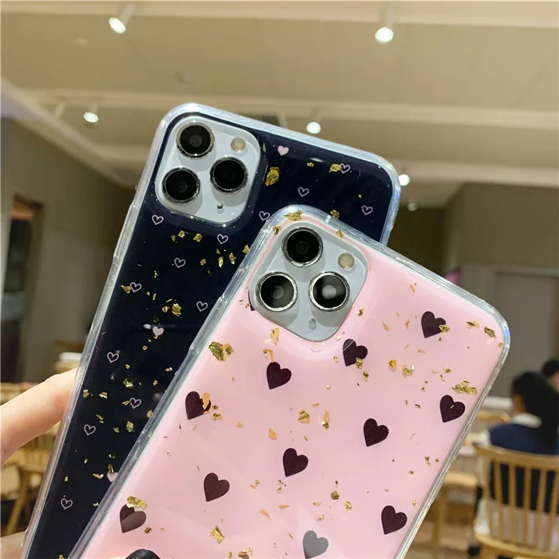 Блестящие Чехлы KJOEW из золотой фольги с любовным сердцем для iPhone 11 Pro Max X XR Xs мягкий