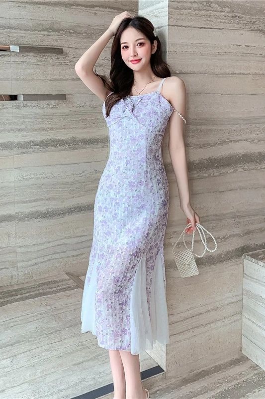 

COIGARSAM French Style Floral Print Women dress New Summer Vintage Spaghetti Strap Long Dresses Purple 9579
