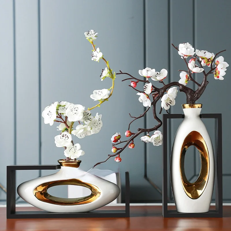 

Chinese Style Creativity Ceramic Vase Wooden Frame Retro Openwork Vase Modern Home Flower Arrangement Decoration Flower Vases