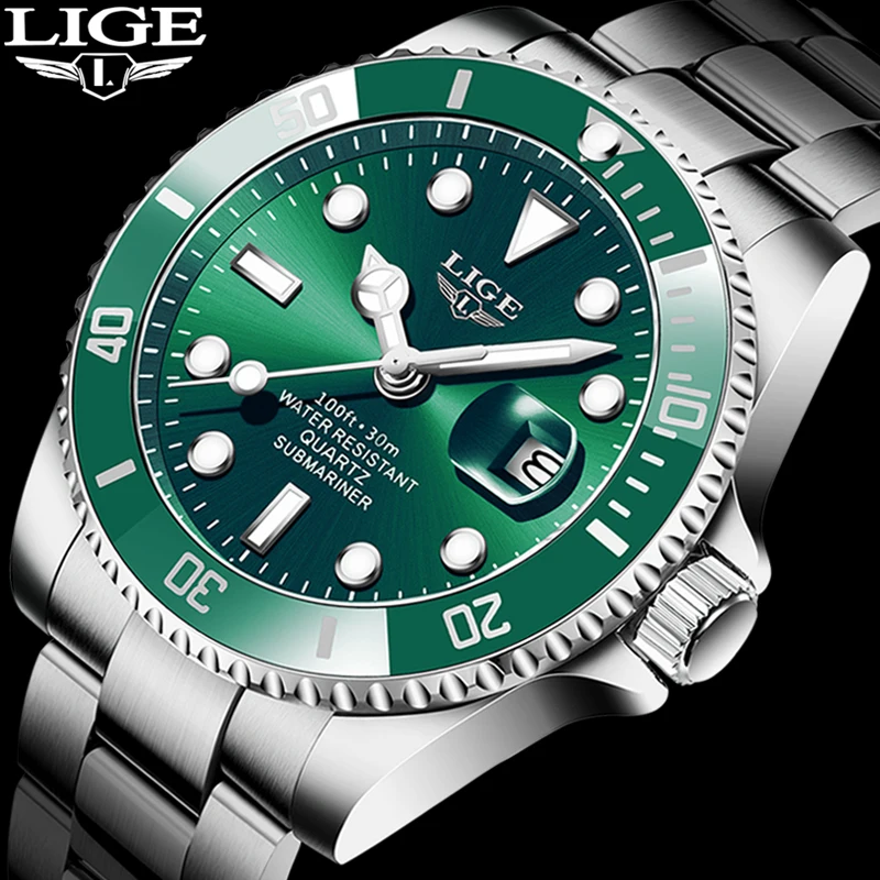 

LIGE Brand Luxury Men Sport Watches Green Waterproof Stainless Steel Wrist Watch Man Clock Fashion Wristwatch Relogio Masculino