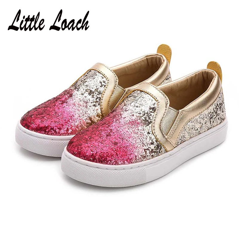 Лоферы без шнуровки с блестками Детские повседневные кроссовки из искусственной