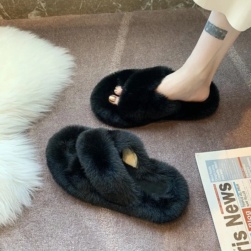 

Warm Winter Women Slippers Luxury Faux Fur Fashion Shoes Woman Slips on Flats Female Slides Home Indoor Furry Fluffy Slippers