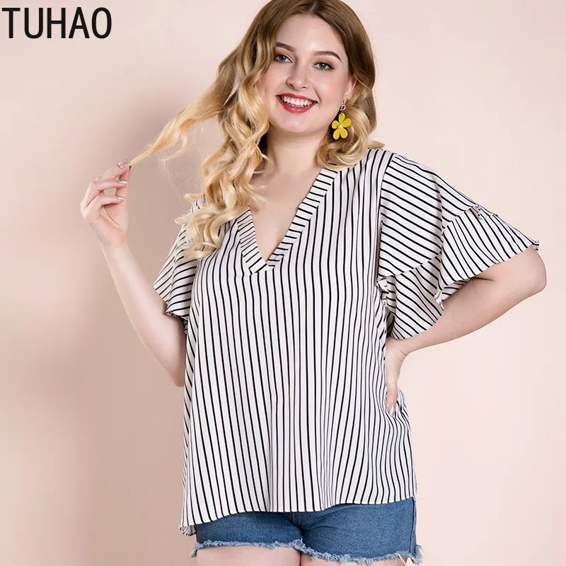 

TUHAO Spring and Summer Plus Size Striped Blouse Top Shirt Loose Shirts Large Size 4XL 3XL Female Casual Blouses Clothes WM14