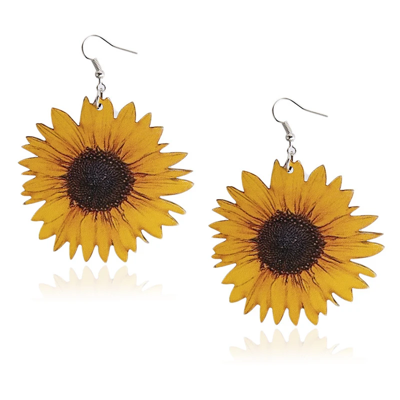 

Sweet Style Yellow Wood Sunflower Earrings For Women Silver Alloy Ear Hooks Dangler Summer Hot Fashion Eardrop Jewelry-1 Pair