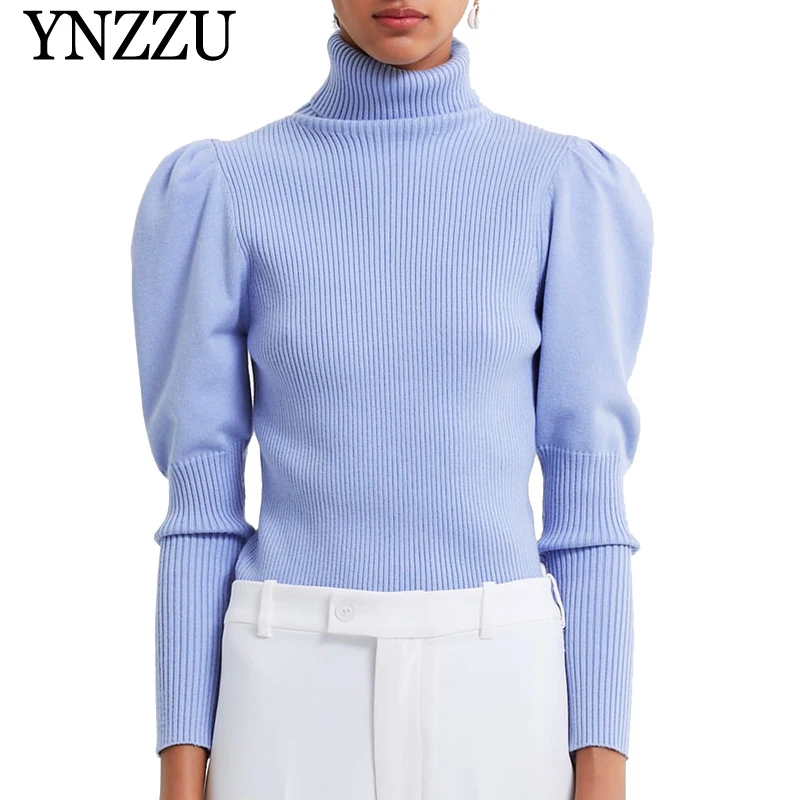 YNZZU Turtleneck Blue Balloon sleeve Women sewater Autumn Winter Slim Pullover Female Knitted pullover tops Jumper YT680 | Женская